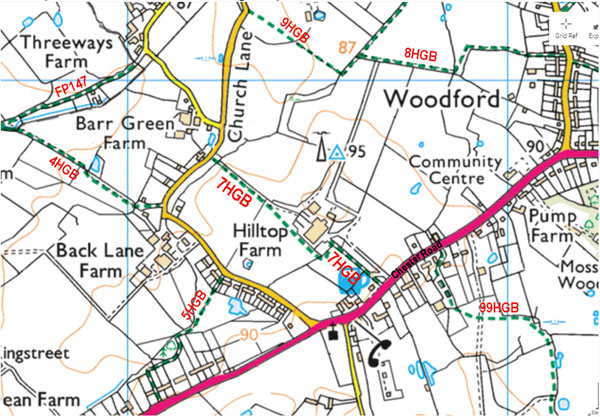 OS map of central Woodford showing footpath 7HGB